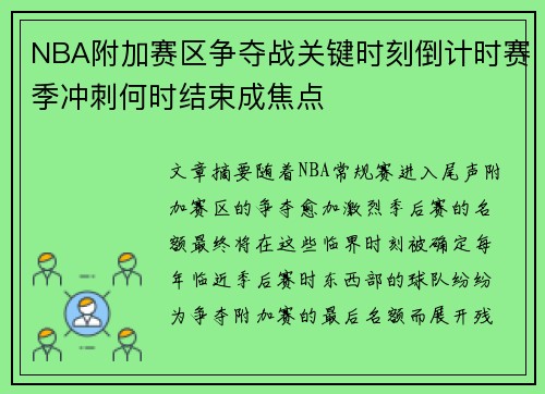 NBA附加赛区争夺战关键时刻倒计时赛季冲刺何时结束成焦点