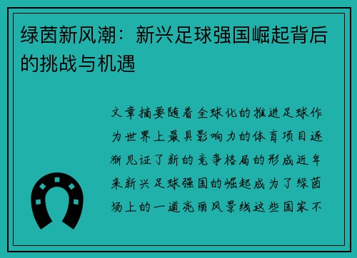 绿茵新风潮：新兴足球强国崛起背后的挑战与机遇