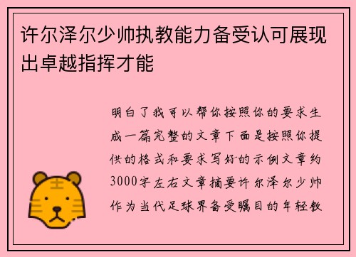 许尔泽尔少帅执教能力备受认可展现出卓越指挥才能